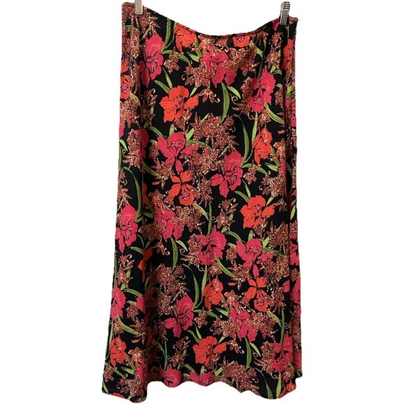 Y2K Croft & Barrow Midi Skirt Womens 18 Linen Black Red Floral Hibiscus Flared - Picture 1 of 8